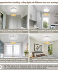 Multiple Crystal Ceiling Light With Memory Function Dimmable LED Chandelier 3000K 4000K 5000K Color Temps in various room settings.