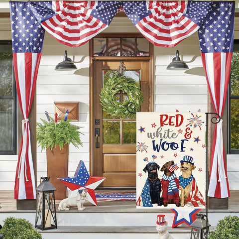 Patriotic 4th Of July Garden Flag 12x18 Inch Double Sided Yard Outdoor Decoration Weather Resistant Durable Polyester Fabric With Stars And Stripes All American For Memorial Day And Independence Day displayed on porch with dog theme.