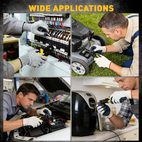 Four applications of Ultimate 2180 Piece Ferrule Crimping Tool Kit for wiring pros and gearheads in automotive and home settings.