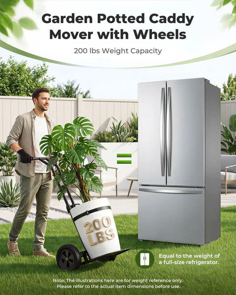 Heavy Duty Plant Caddy With Wheels Featuring Ergonomic Y Shape Handle And Non Slip Grip Smooth Rolling Garden Dolly For Moving Tall Flower Pots, 200 lbs capacity.
