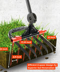 Broad Fork For Gardening Portable Ergonomic Garden Tool Cultivator Tiller With Eleven Sharp Tines displayed on grass with measurements