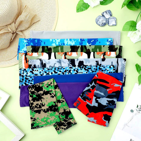 15 Pairs Unisex Arm Sleeves With UV Protection And Anti Slip Ice Silk Fabric For Running Cycling Driving And Outdoor Sports Breathable Cooling Sun Shield In Different Colors And Patterns Keeps You Cool displayed on a table.