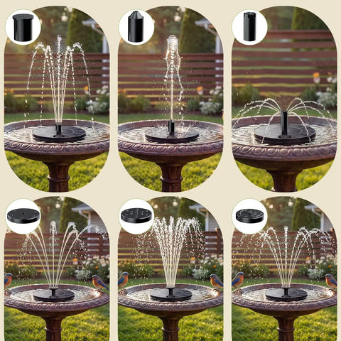 Solar Fountain Pump with Six Nozzles, 2026 Upgraded High-Efficiency Solar Panel in bird bath, various water spray patterns.