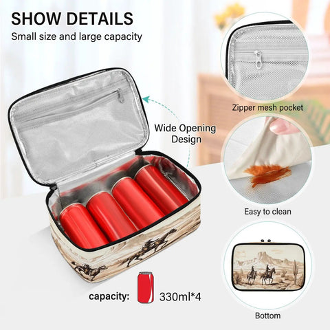 Desert Cowboys Insulated Lunch Bag With Leakproof Cooling showing interior with zipper mesh pocket, easy-clean material, and exterior design.