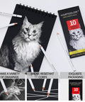 White Charcoal Pencils Set, 10 Pcs For Dark Paper Sketching, Shading, Blending And Highlighting, Pro-Grade For Beginners And Artists, Non-Toxic Drawing Essentials with sketchbook and packaging.