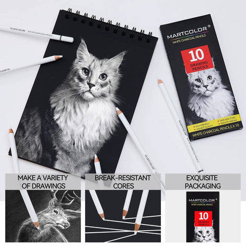 White Charcoal Pencils Set, 10 Pcs For Dark Paper Sketching, Shading, Blending And Highlighting, Pro-Grade For Beginners And Artists, Non-Toxic Drawing Essentials with sketchbook and packaging.