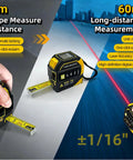 4 In 1 Laser Tape Measure With Level And 197 Ft Laser Distance Meter, 16 Ft Auto Lock Tape, Crosshair Alignment, Electronic Angle Measurement For DIY Projects, Home Renovation And Carpentry, black-yellow handheld tool shown with tape extended and laser beam