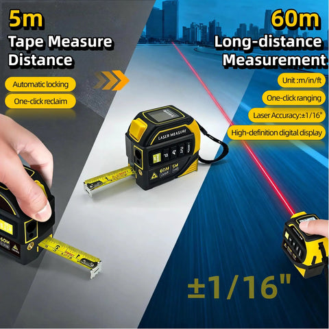 4 In 1 Laser Tape Measure With Level And 197 Ft Laser Distance Meter, 16 Ft Auto Lock Tape, Crosshair Alignment, Electronic Angle Measurement For DIY Projects, Home Renovation And Carpentry, black-yellow handheld tool shown with tape extended and laser beam
