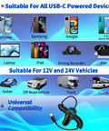 Diagram showing devices compatible with MFi Certified 75W USB C PD And QC Car Charger With 6Ft Coiled Cable in vehicles.
