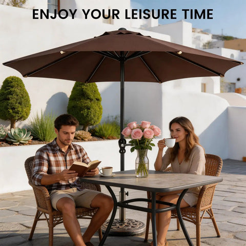 Outdoor scene with Beefy 22 Pound Heavy Duty Outdoor Umbrella Base With Weather Resistant Resin, Rust Proof Coating And Bronze Finish.