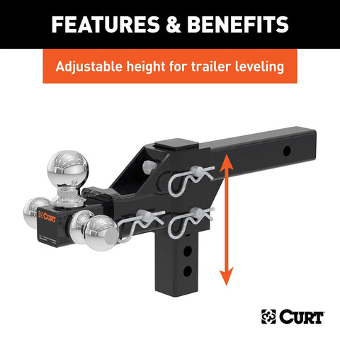 Adjustable Three Ball Trailer Hitch Mount With Shank For 1-7/8, 2, 2-5/16 Inch Couplers, Fits 2x2 Receiver, Heavy Duty