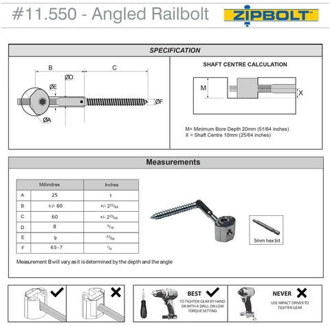Angled Railbolt Handrail To Newel Post Connector Kit specification diagram with measurements and assembly instructions