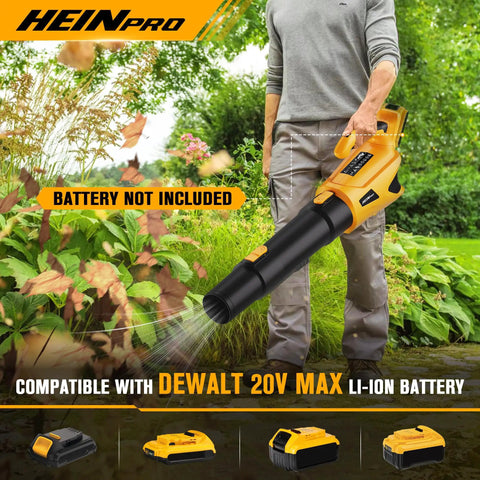 Powerful Cordless Leaf Blower For DeWalt 20V Max Battery, shown in use in a garden, without included battery.