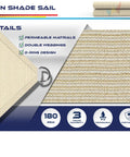 Details of 12x14 Sun Shade Sail Rectangle Outdoor Canopy Cover, beige HDPE fabric, D-ring design with reinforced stitching visible.