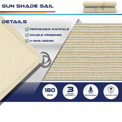 Details of 12x14 Sun Shade Sail Rectangle Outdoor Canopy Cover, beige HDPE fabric, D-ring design with reinforced stitching visible.