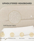 Upholstered headboard featuring soft boucle fabric on a queen size cloud bed frame in beige plush boucle upholstery.