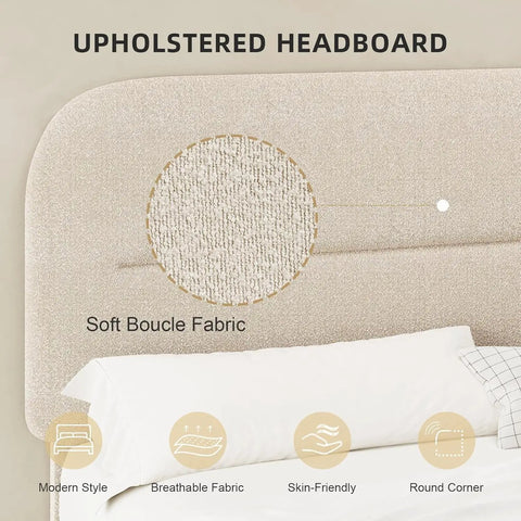 Upholstered headboard featuring soft boucle fabric on a queen size cloud bed frame in beige plush boucle upholstery.