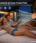 Couple using Camping Fan With Light Remote And Oscillation Battery Powered Hangin Tent Fan in an RV at night