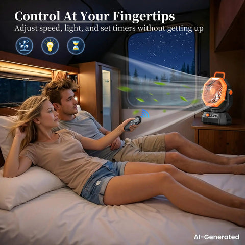 Couple using Camping Fan With Light Remote And Oscillation Battery Powered Hangin Tent Fan in an RV at night