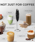 Ultra Fast Handheld Milk Frother Wand With Duracell Batteries For Rich Coffee Foam In Seconds, Electric Whisk surrounded by drinks