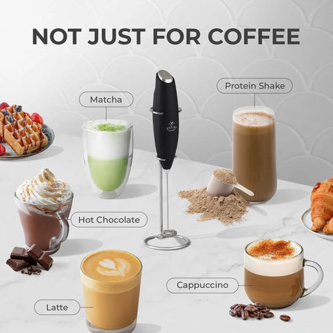 Ultra Fast Handheld Milk Frother Wand With Duracell Batteries For Rich Coffee Foam In Seconds, Electric Whisk surrounded by drinks