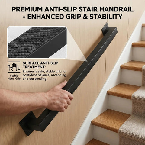 Heavy Duty Carbon Steel Wall Mounted Stair Railing With Super Grippy Non Slip Handrail for safe ascent on textured surface.