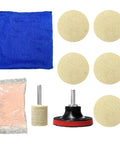 Glass Polishing Kit For Scratch Removal With 100g Cerium Oxide Powder, felt buffing pads, wool wheels, and blue towel, 10 piece set