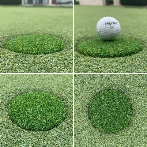 2 Pack Golf Hole Cup Covers for Backyard Putting Green With Metal Base shown on simulated lawn with golf ball