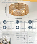 Retro BoHo Flush Mount Ceiling Fan With Open Caged Design And Integrated Warm Led Lighting Reversible Airflow Lowkey Quiet Operation Mini Size Remote Controlled Easy Install Chill Vibes with jute and metal shade.