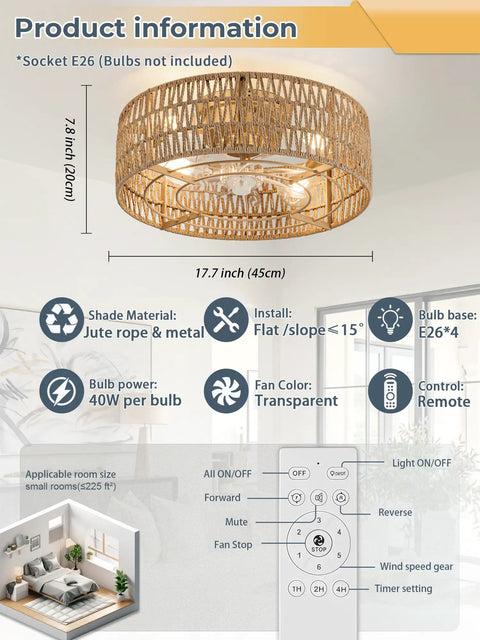Retro BoHo Flush Mount Ceiling Fan With Open Caged Design And Integrated Warm Led Lighting Reversible Airflow Lowkey Quiet Operation Mini Size Remote Controlled Easy Install Chill Vibes with jute and metal shade.