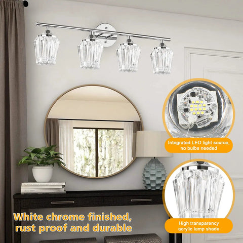 4-Light LED Vanity Light With Crystal Wall Sconces And Acrylic Shade For Bathroom Over Mirror, White Chrome Finish
