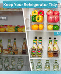 Before and after refrigerator organization with Top Shelf Eight Piece Clear Stackable Storage Bins With Slick Snap Lids.