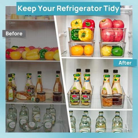 Before and after refrigerator organization with Top Shelf Eight Piece Clear Stackable Storage Bins With Slick Snap Lids.