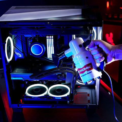 Powerful Computer Duster and Cleaner for Electronics and Home Use, High Velocity Air Blower cleaning a computer case