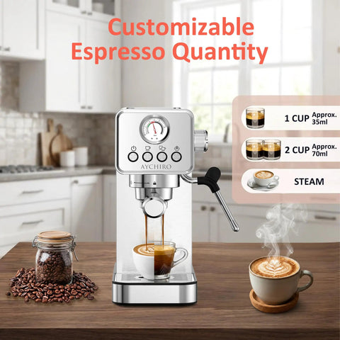 Score That Cafe Style Shot At Home With A 20 Bar Espresso Machine Boasting A Built In Steam Wand and Milk Frother for Silky Lattes, brewing espresso.