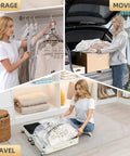 Woman using Hanging Vacuum Storage Bags Space Saver For Clothing Suits And Jackets, Closet Organizer Travel Set Of 4 Clear.