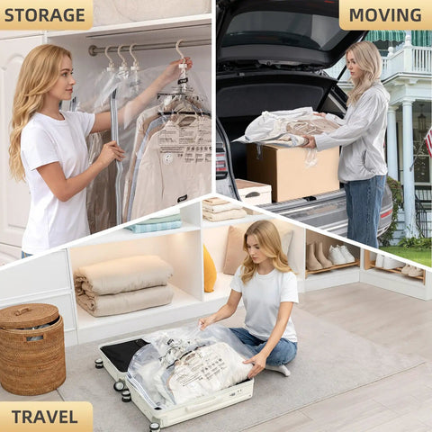 Woman using Hanging Vacuum Storage Bags Space Saver For Clothing Suits And Jackets, Closet Organizer Travel Set Of 4 Clear.