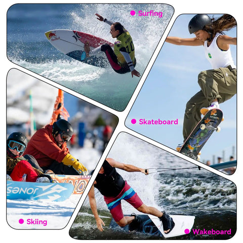 Premium Spliced Beech Wood Surfboard Wall Mount Rack Vertical Storage Shelf For Shortboards Longboards And Skimboards With Secure Grip Brackets And A Gnarly Shoreline Setup featuring surfing, skateboarding, skiing, and wakeboarding activities.