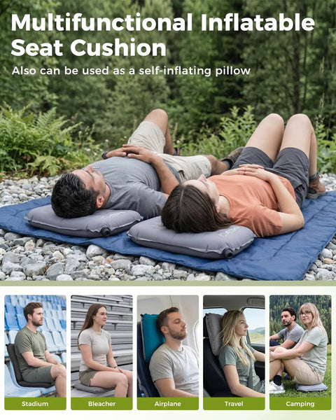 Go-To Self-Inflating Seat Cushion For Travel And Outdoors in use for different activities like camping and air travel.