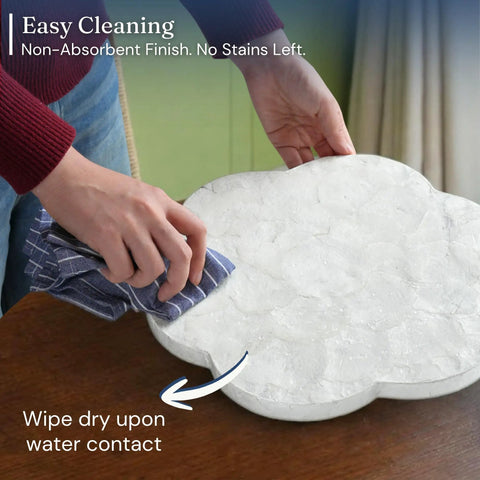 Genuine White Capiz Shell Rotating Lazy Susan Serving Tray For Dining Tables Features Scalloped Design, easy cleaning process demonstrated.