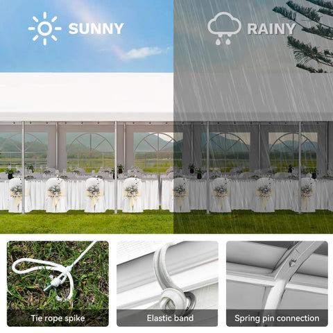 16x32ft Party Tent Heavy Duty Outdoor Wedding Canopy Event Shelter with removable sidewalls in sunny and rainy weather.