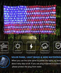 Patriotic Flag String Lights With Solar Or USB Power, 420 LED Net Light displaying American flag in rain, waterproof feature shown