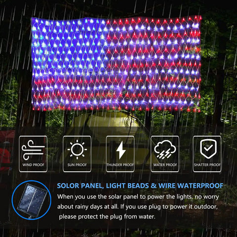 Patriotic Flag String Lights With Solar Or USB Power, 420 LED Net Light displaying American flag in rain, waterproof feature shown