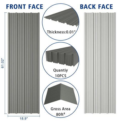 Wide Corrugated Metal Panels for Roofing and Siding, 61.02 by 18.9 inches, galvanized grey, 10 pack, 80 sq ft, front and back faces shown