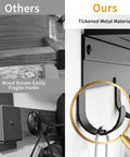 Comparison of wall mounted shelf with five metal hooks, 17 inch coat rack organizer, wood vs. tickened metal, black finish