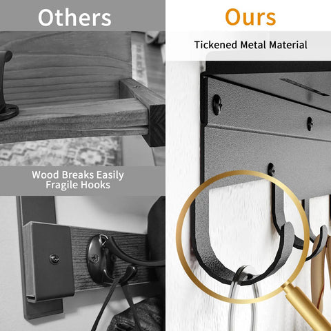 Comparison of wall mounted shelf with five metal hooks, 17 inch coat rack organizer, wood vs. tickened metal, black finish