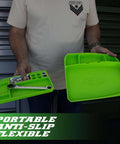 Person holding Viper 2 Piece Flexible Silicone Tool Organizer Tray Set Lime Green With Magnetic Small Parts Tray And Large Workspace Tray