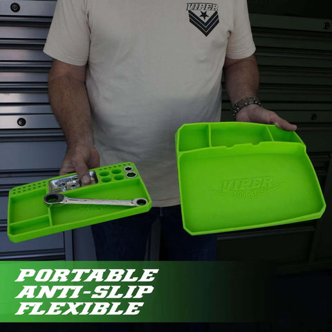 Person holding Viper 2 Piece Flexible Silicone Tool Organizer Tray Set Lime Green With Magnetic Small Parts Tray And Large Workspace Tray