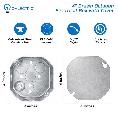 Four Inch Octagon Electrical Box Kit With Blank Covers Ten Pack For Wall Or Ceiling Wiring, 4 inch galvanized steel box and cover