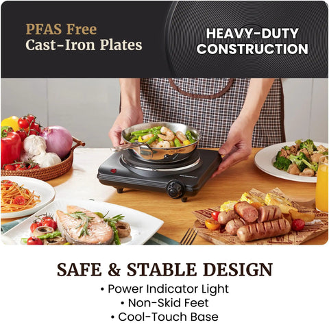 Roadready Electric Hot Plate Featuring Slick Cast Iron Cooking Surface Seven Speed Heat Dials Compact 1000 Watt Portable Burner in use with food.